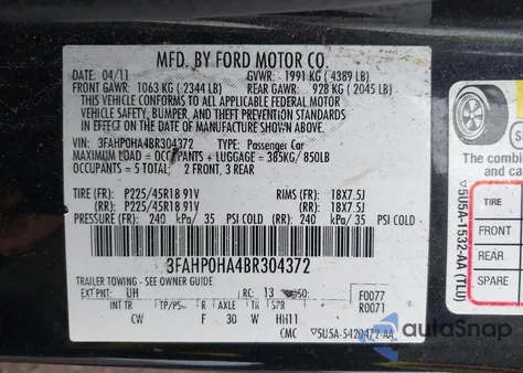 2011 Ford Fusion Se из США, поврежденный, VIN 3FAHP0HA4BR304372